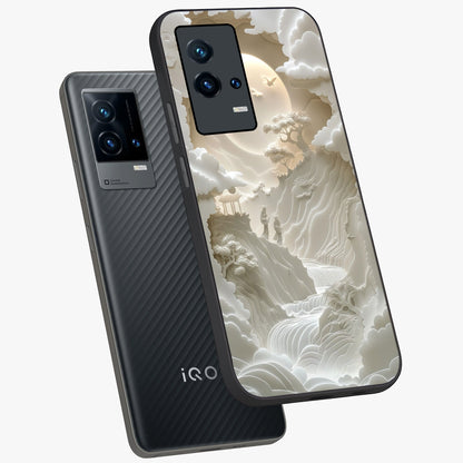 Celestial Origami Glass Case displayed in angled mockup highlighting geometric origami design with cosmic aesthetic theme.