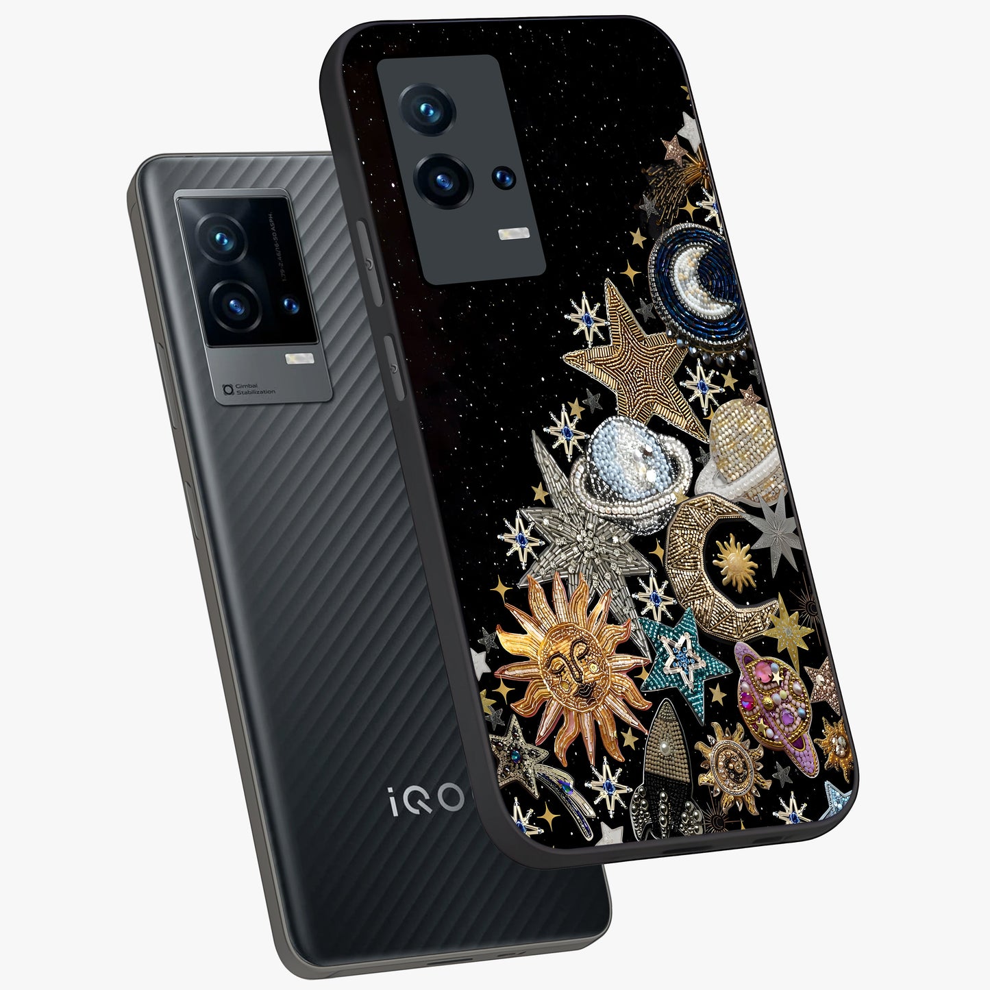 Cosmic Sparkle Dreams Glass Case displayed in angled mockup highlighting dreamy star sparkle design with celestial aesthetic.