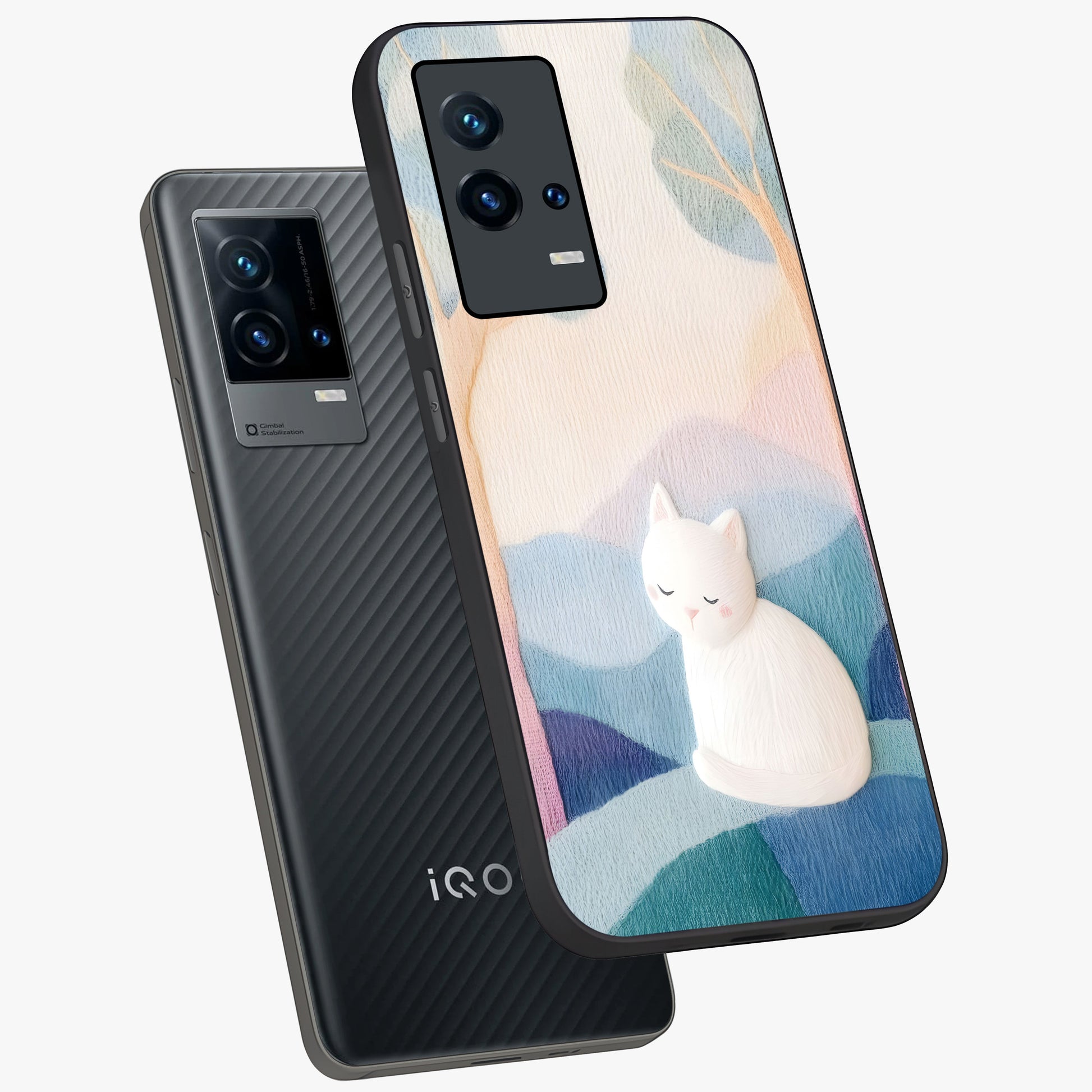 Cotton Dream Cat Glass Case displayed in angled mockup highlighting cute feline illustration with pastel aesthetic style.