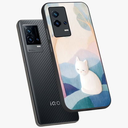 Cotton Dream Cat Glass Case displayed in angled mockup highlighting cute feline illustration with pastel aesthetic style.