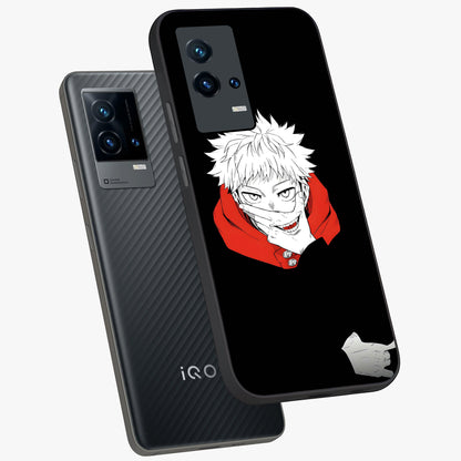 Crimson Chaos Smile Glass Case displayed in angled mockup highlighting edgy crimson smile design with graphic aesthetic.