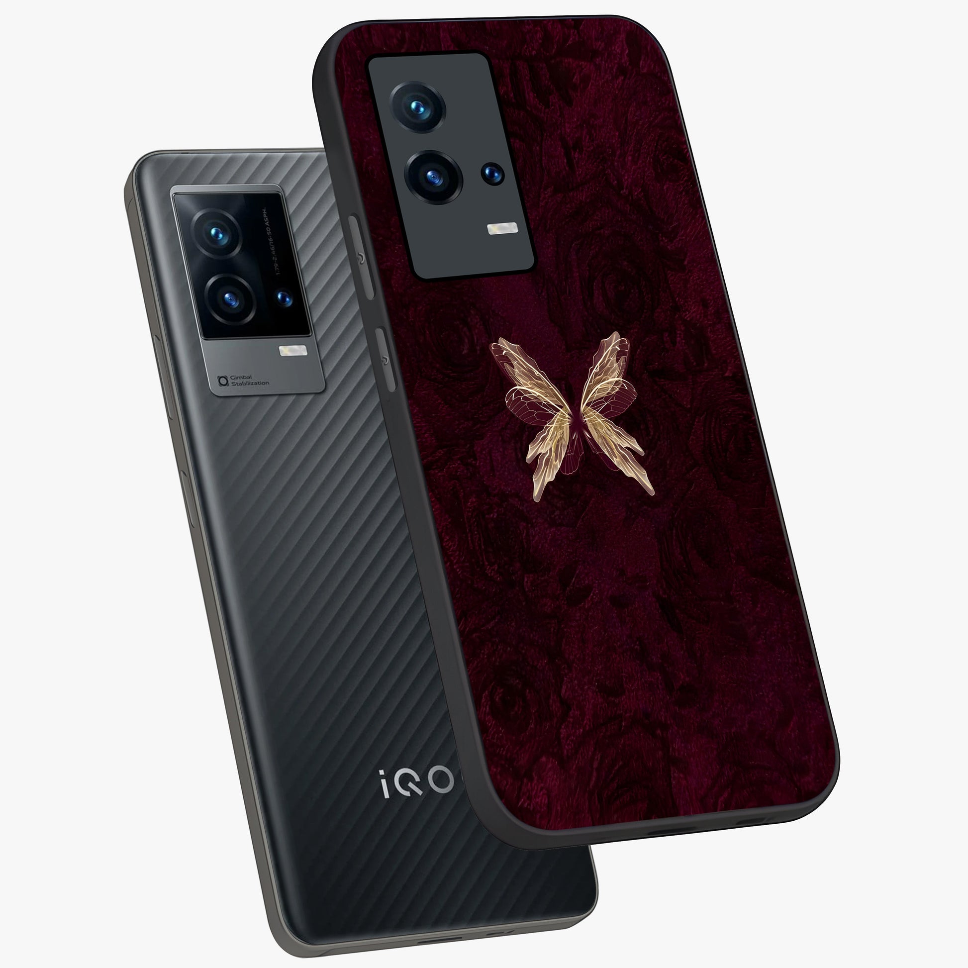 Crimson Fade Butterfly Glass Case displayed in angled mockup highlighting elegant butterfly design with crimson gradient aesthetic.