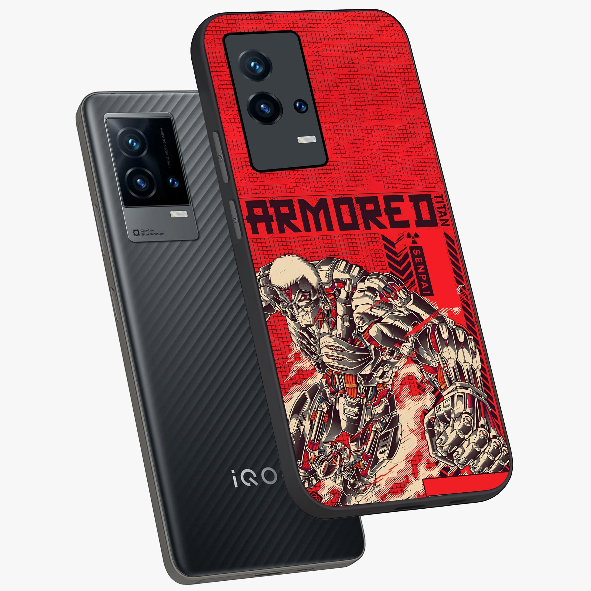 Crimson Mecha Titan Glass Case displayed in angled mockup highlighting futuristic mech illustration with bold crimson aesthetic.