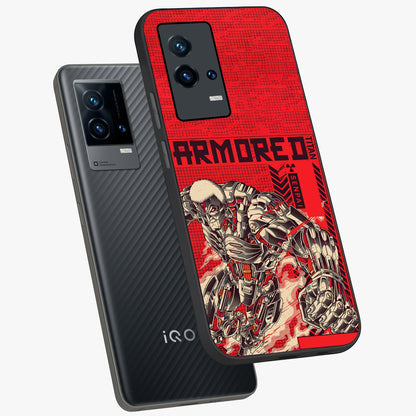 Crimson Mecha Titan Glass Case displayed in angled mockup highlighting futuristic mech illustration with bold crimson aesthetic.