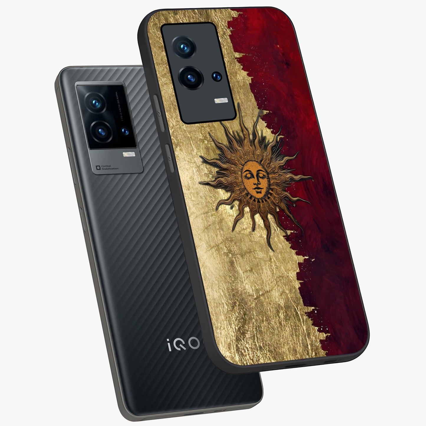 Crimson Sun Majesty Glass Case displayed in angled mockup highlighting majestic crimson sun design with bold aesthetic style.
