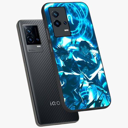 Cursed Energy Clash Glass Case displayed in angled mockup highlighting powerful battle inspired graphic with anime style aesthetic.