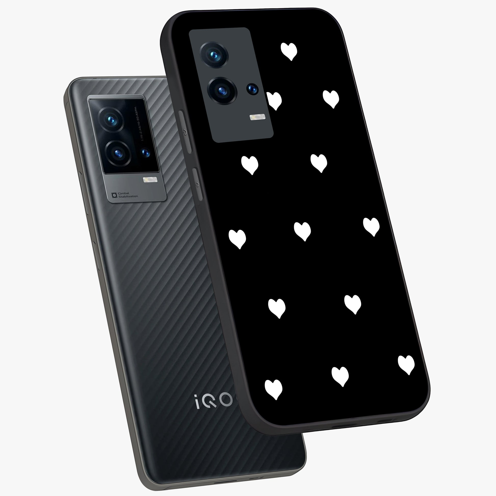 Cute And Simple White Hearts Glass Case displayed in angled mockup highlighting cute heart design with clean aesthetic style.