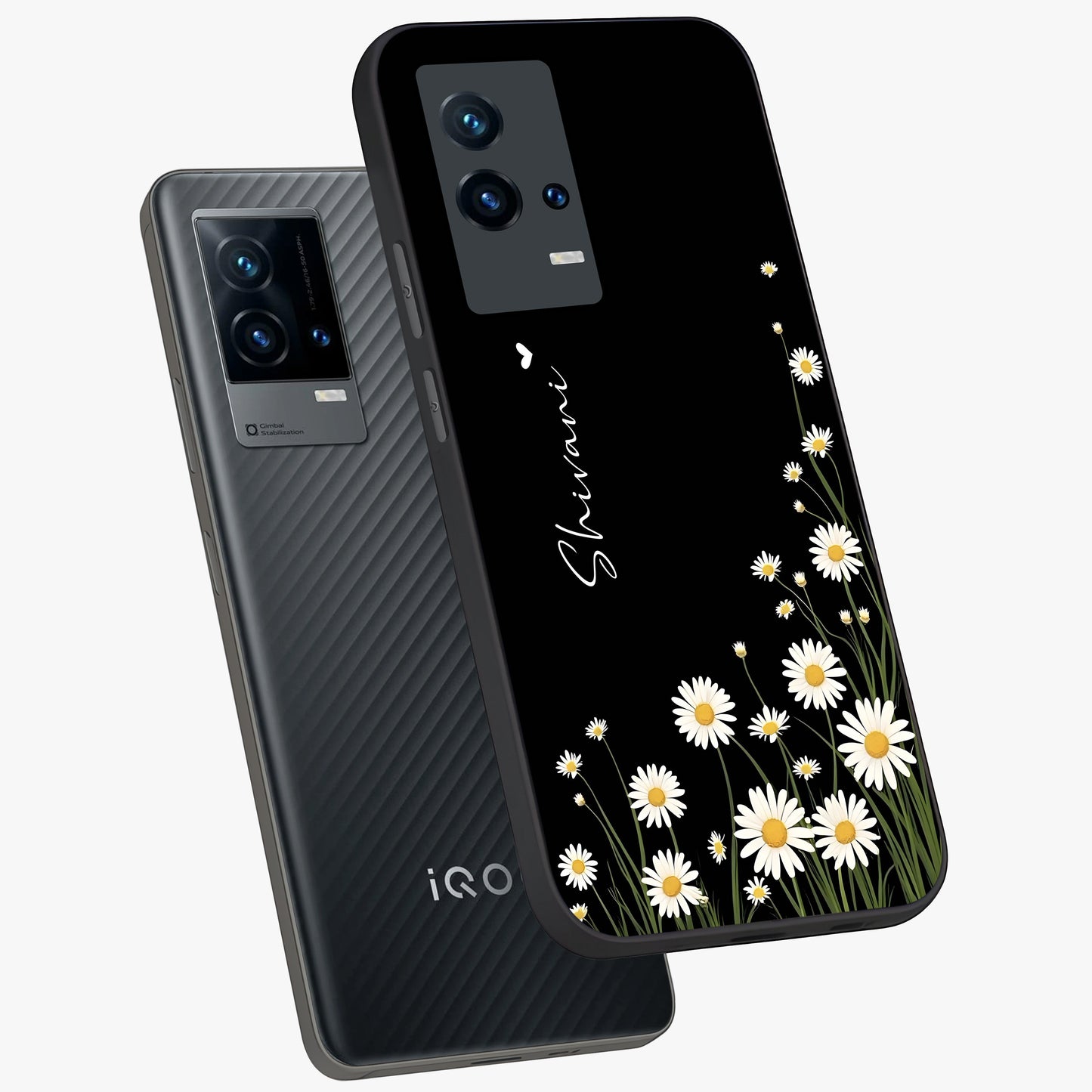 Daisy Cascade Custom Name Glass Case displayed in angled mockup highlighting delicate daisy artwork with custom name feature.