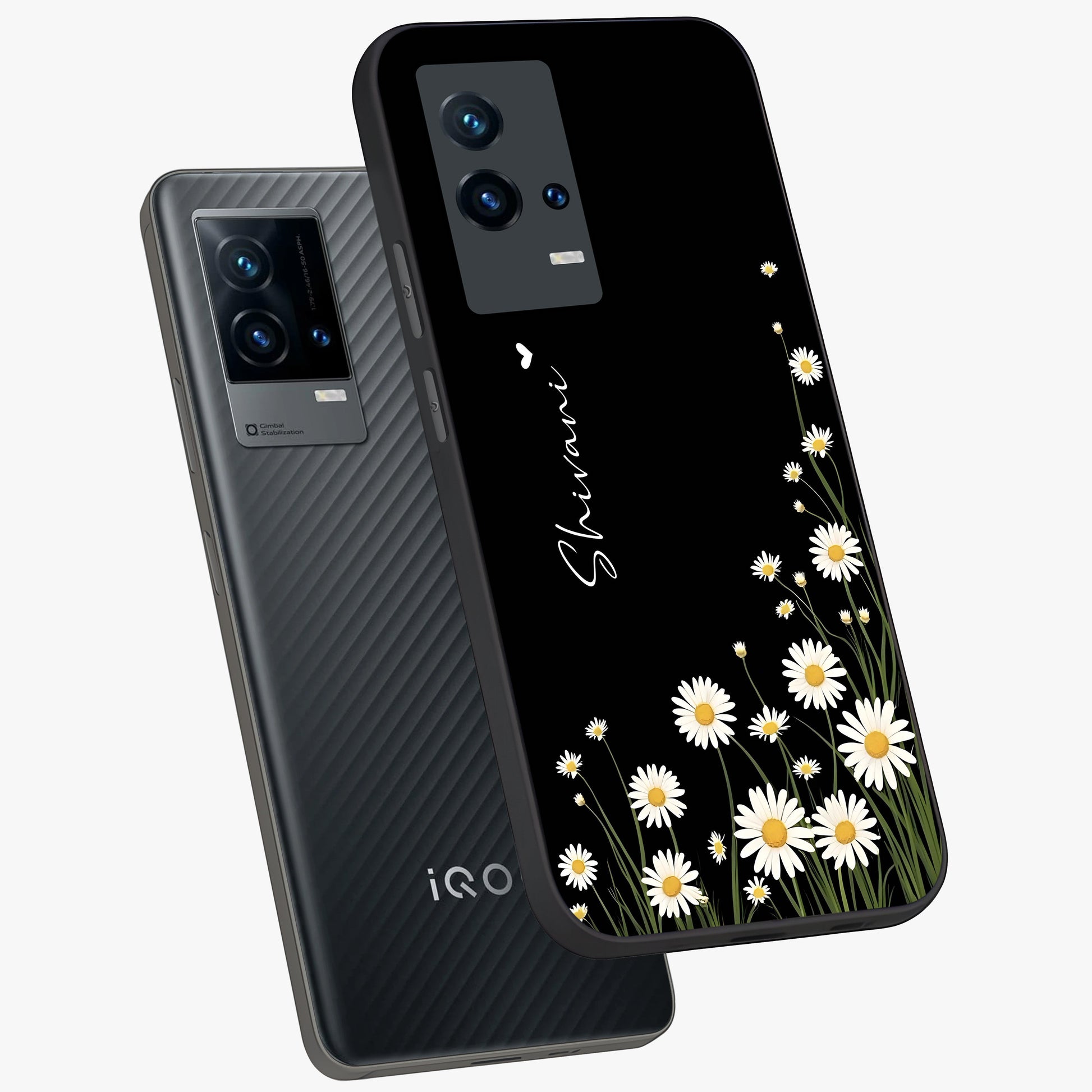 Daisy Cascade Custom Name Glass Case displayed in angled mockup highlighting delicate daisy artwork with custom name feature.
