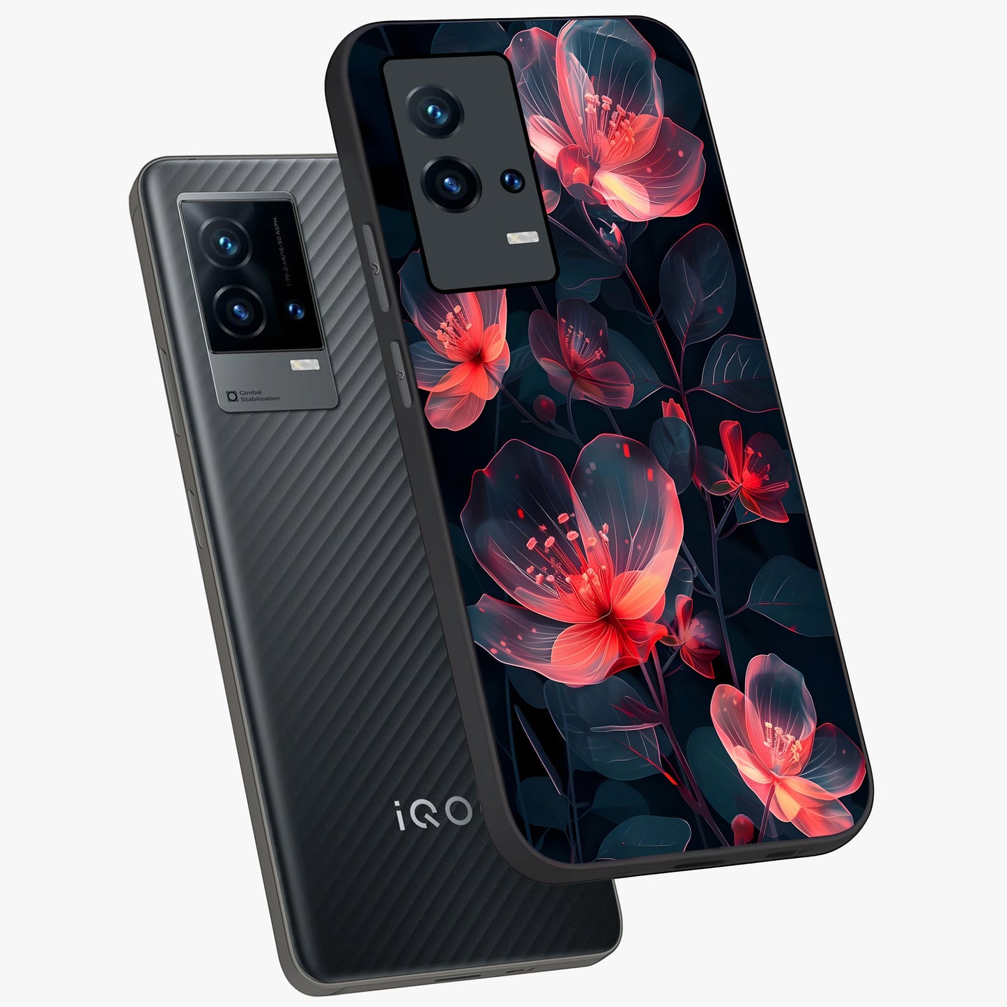 Dark Shade of Flower Glass Case displayed in angled mockup highlighting moody floral illustration with aesthetic dark tones.