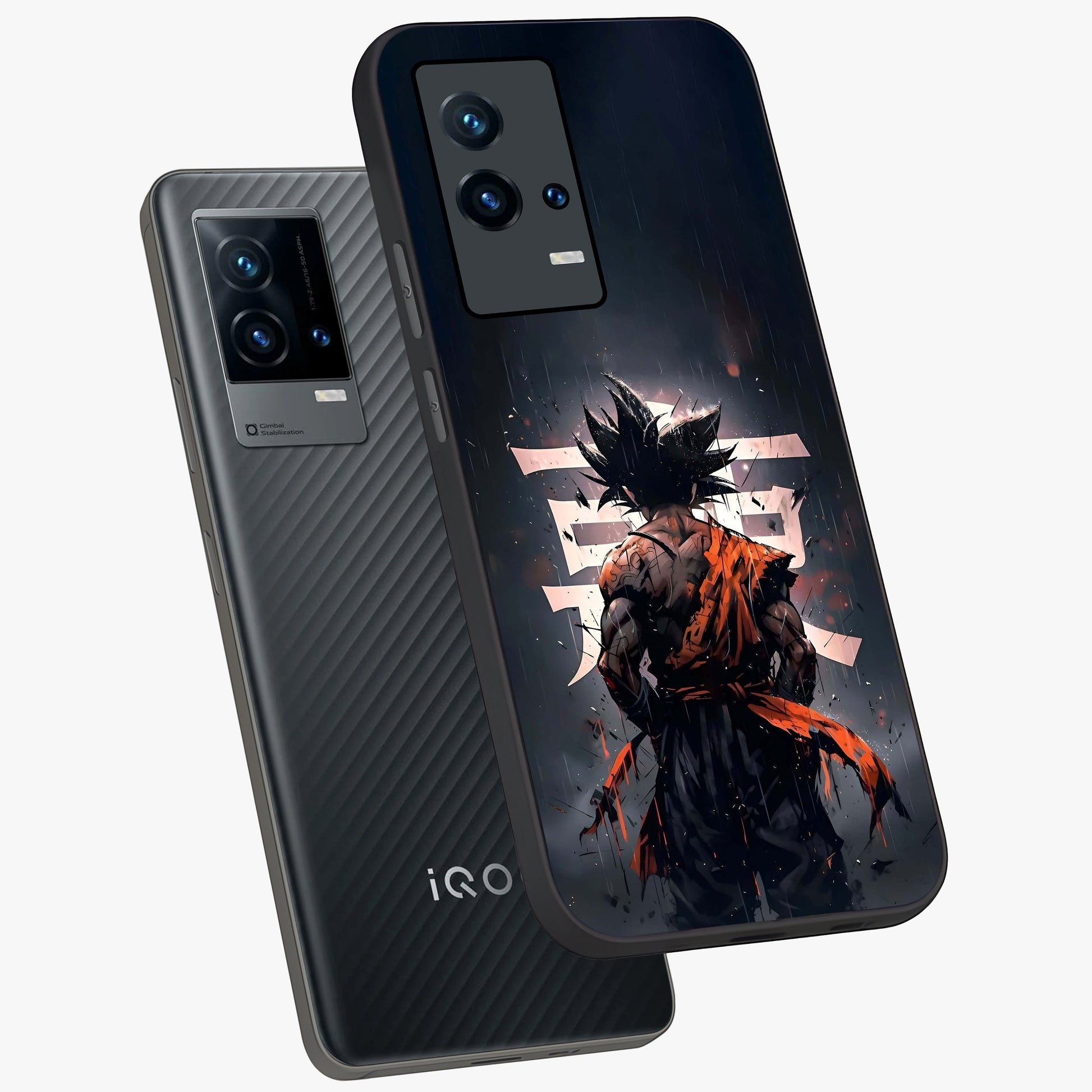 Dark Warrior In Rain Glass Case displayed in angled mockup highlighting dramatic warrior illustration with dark rain aesthetic.
