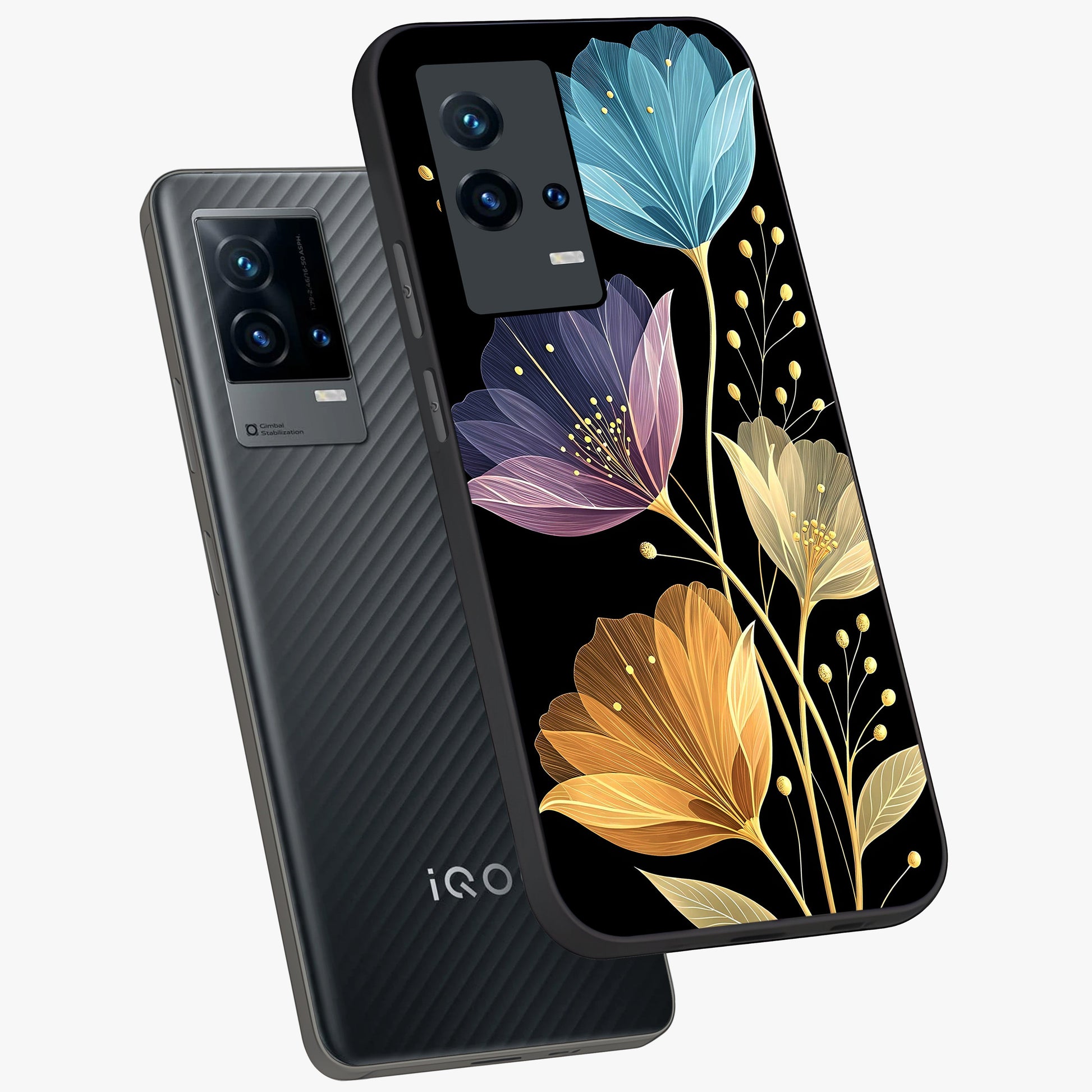 Delicate Multicolor Flowers Glass Case displayed in angled mockup highlighting colorful flower pattern with soft aesthetic style.