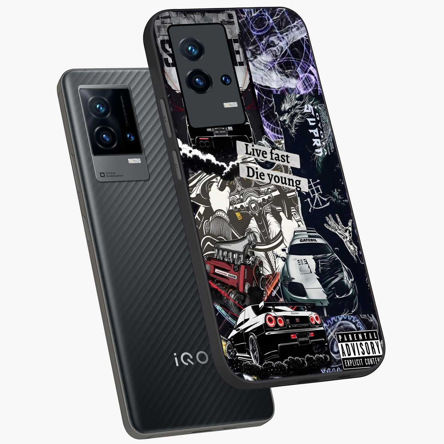 Die Young Glass Case displayed in angled mockup highlighting expressive graphic artwork with edgy aesthetic style.