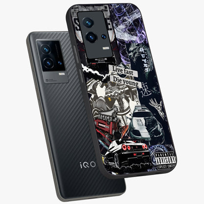 Die Young Glass Case displayed in angled mockup highlighting expressive graphic artwork with edgy aesthetic style.
