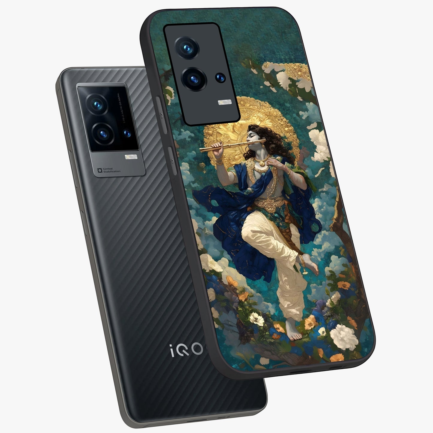 Divine Krishna Art Glass Case displayed in angled mockup highlighting spiritual Krishna illustration with devotional aesthetic.