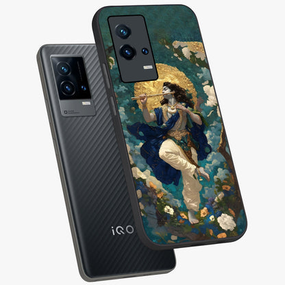 Divine Krishna Art Glass Case displayed in angled mockup highlighting spiritual Krishna illustration with devotional aesthetic.