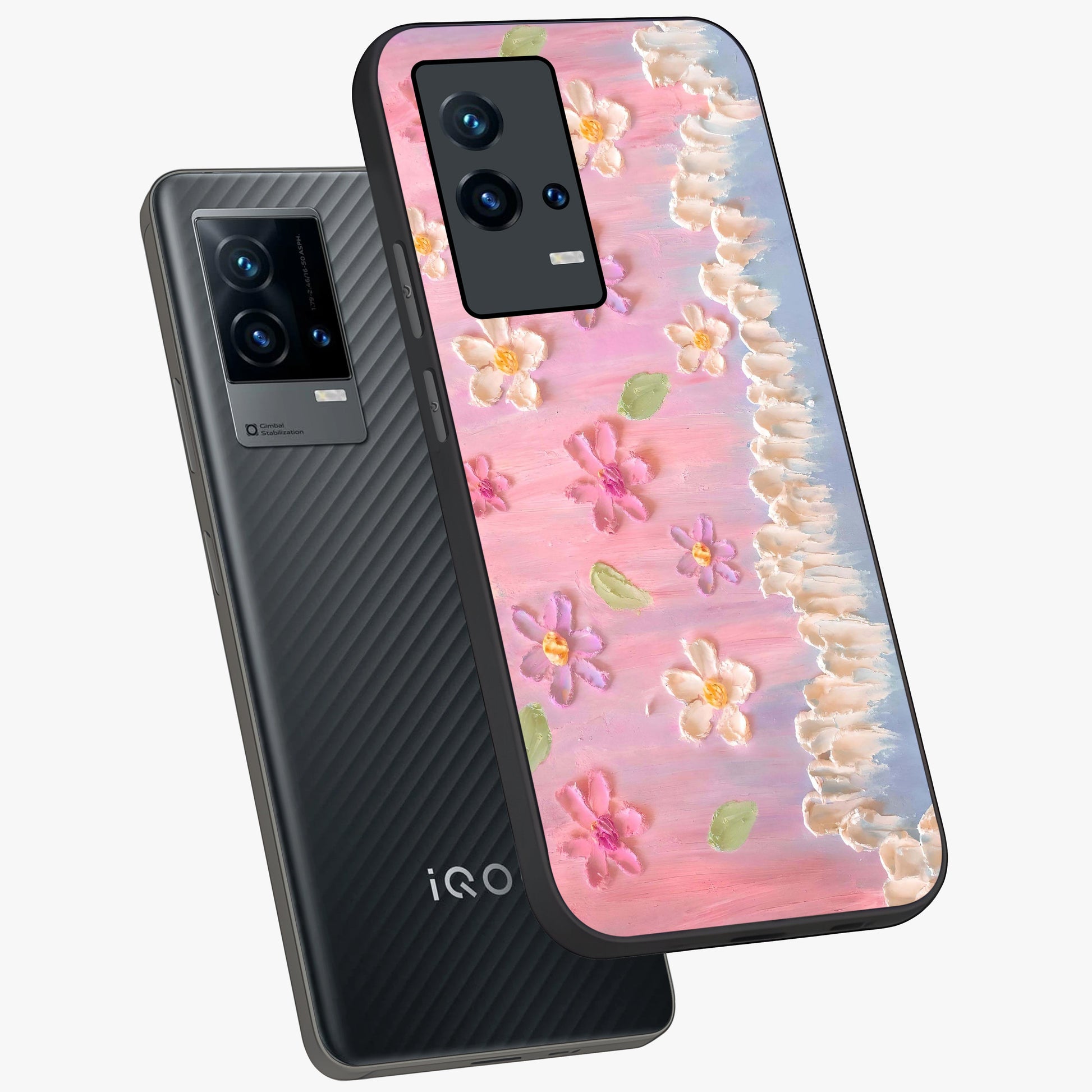 Dreamy Painted Garden Glass Case displayed in angled mockup highlighting colorful garden illustration with dreamy aesthetic style.