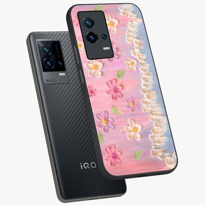 Dreamy Painted Garden Glass Case displayed in angled mockup highlighting colorful garden illustration with dreamy aesthetic style.