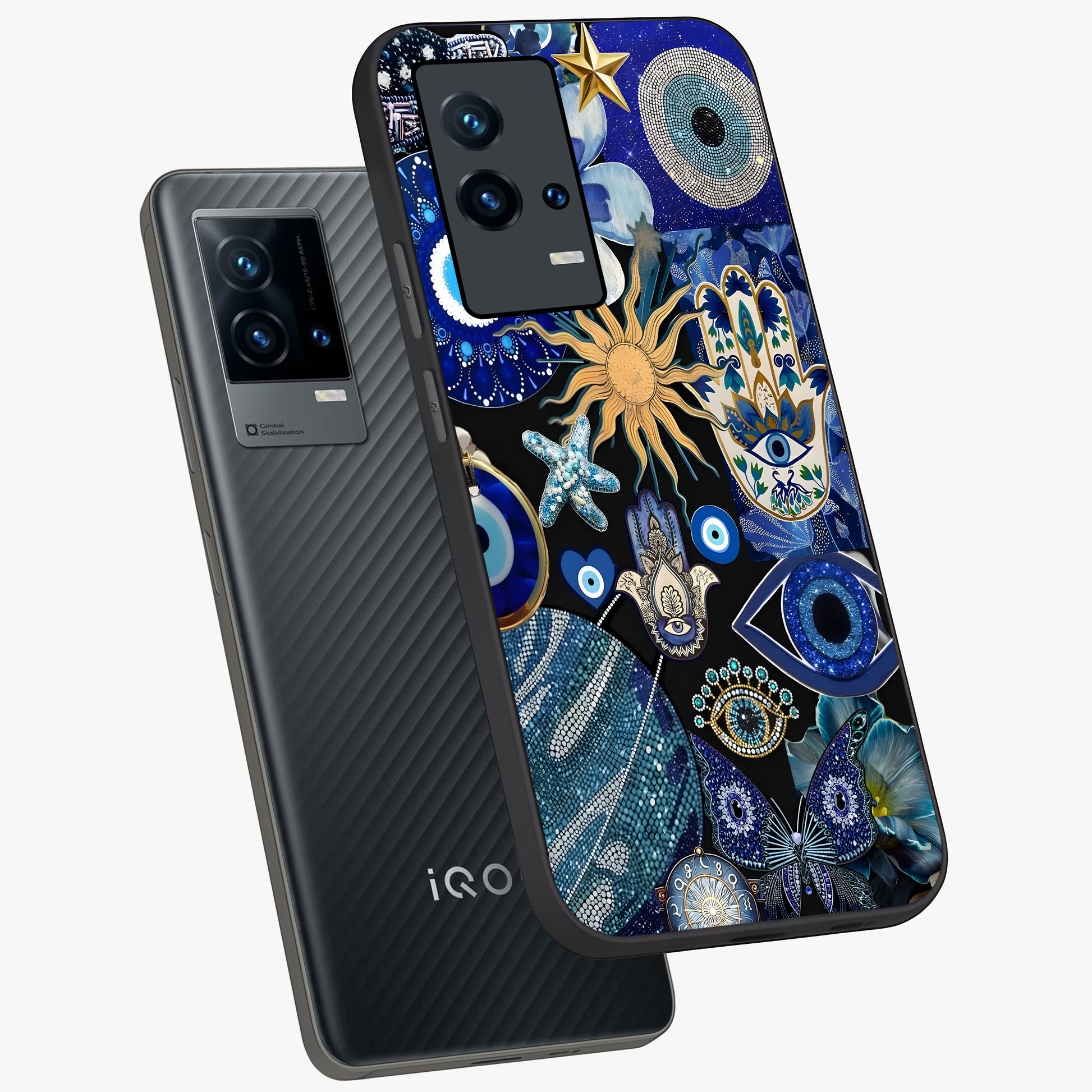 Evil Eye Charm Mix Glass Case displayed in angled mockup highlighting protective evil eye symbols with spiritual aesthetic design.