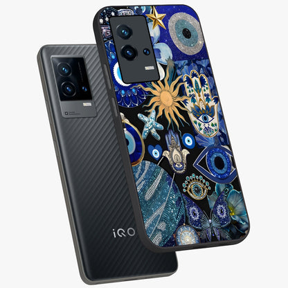 Evil Eye Charm Mix Glass Case displayed in angled mockup highlighting protective evil eye symbols with spiritual aesthetic design.