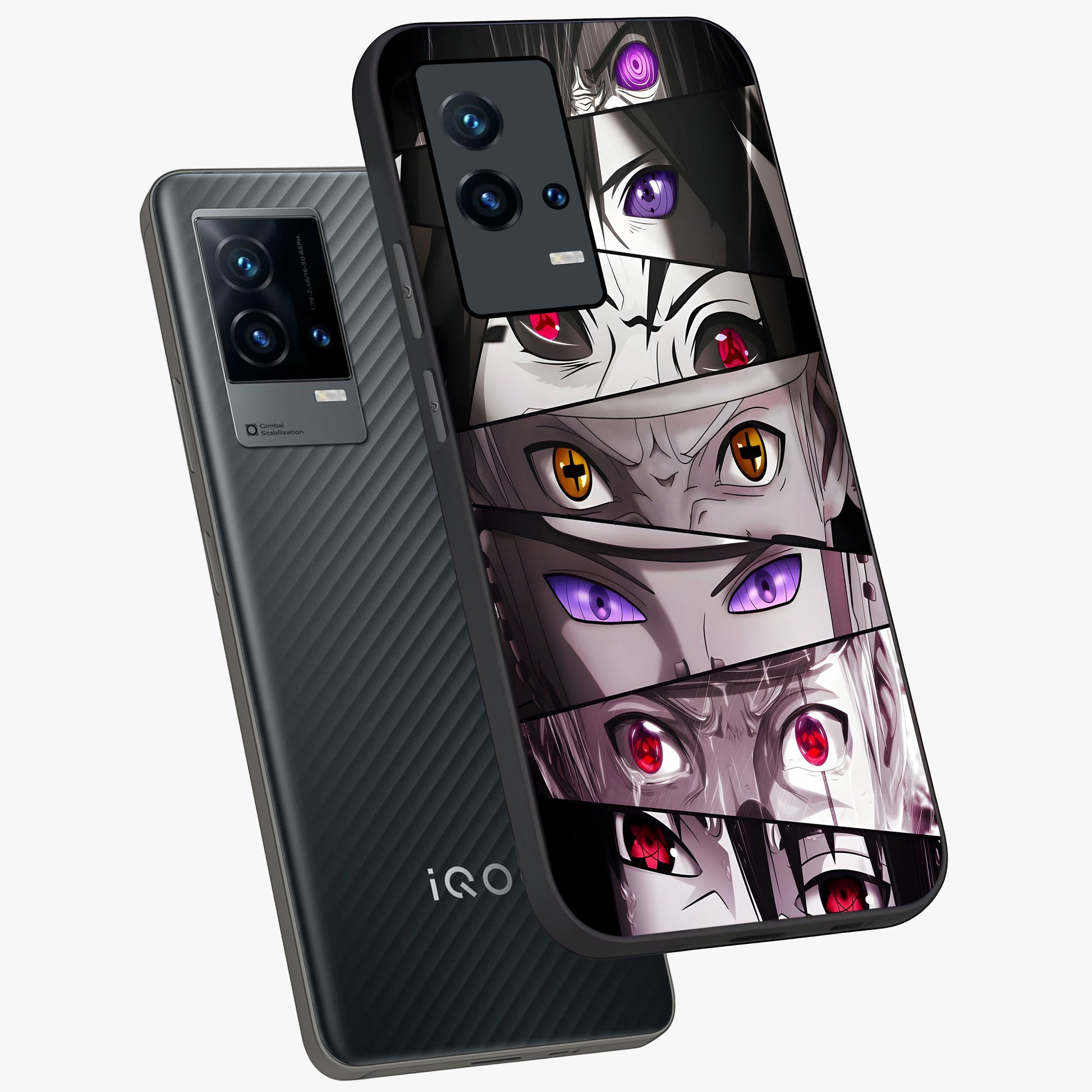 Eyes of Destiny Glass Case displayed in angled mockup highlighting bold eye illustration with mystical aesthetic style.