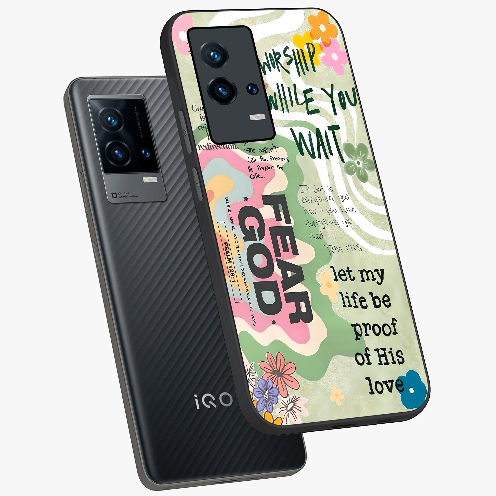 Faith Over Fear Glass Case displayed in angled mockup highlighting inspirational message design with modern aesthetic style.