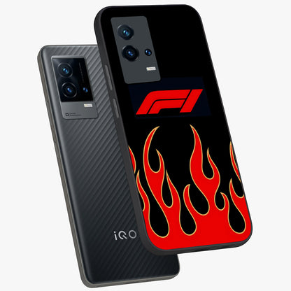 Fire F11 Glass Case displayed in angled mockup highlighting bold fire inspired graphic with energetic aesthetic style.