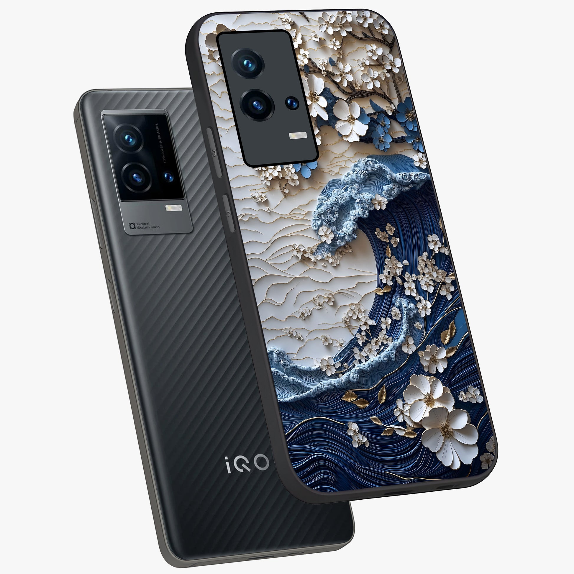 Floral Wave Origami Glass Case displayed in angled mockup highlighting geometric origami flower design with modern aesthetic style.