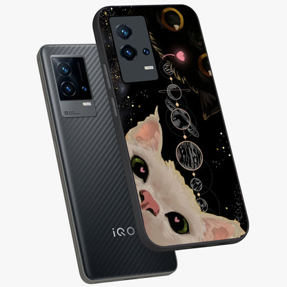 Galactic Cat Glass Case displayed in angled mockup highlighting celestial feline illustration with galaxy aesthetic style.