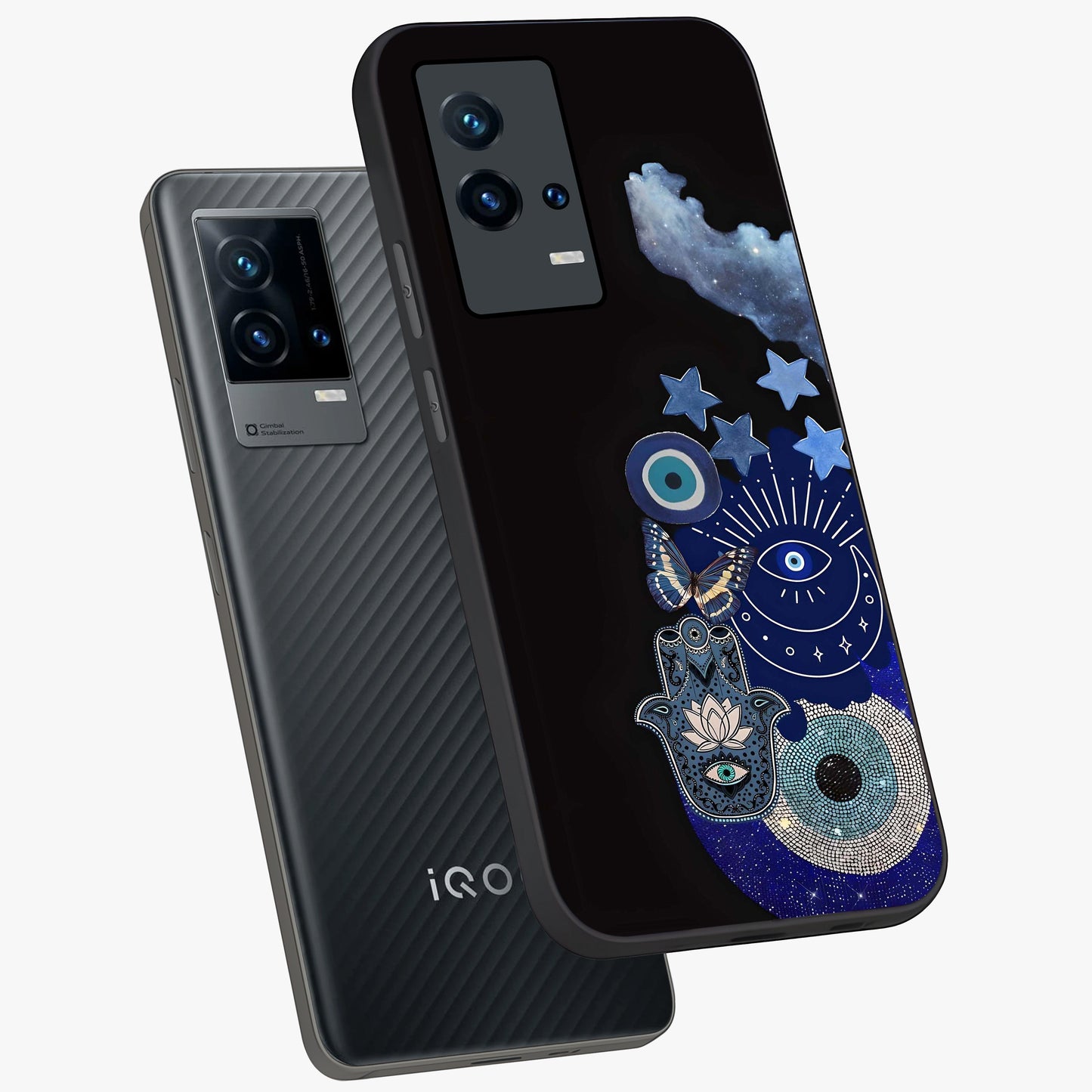 Galactic Charm Cluster Glass Case displayed in angled mockup highlighting luminous galaxy inspired design with dreamy aesthetic.