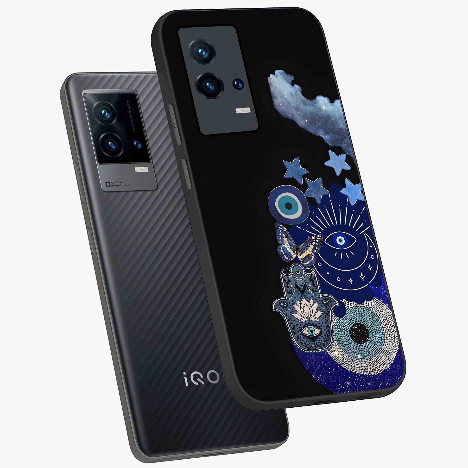 Galactic Charm Cluster Glass Case displayed in angled mockup highlighting luminous galaxy inspired design with dreamy aesthetic.