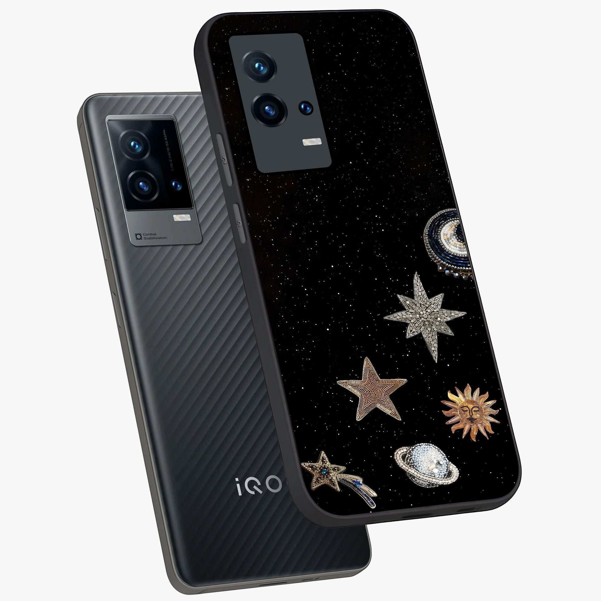 Galactic Charm Glow Glass Case displayed in angled mockup highlighting luminous galaxy inspired design with dreamy aesthetic.