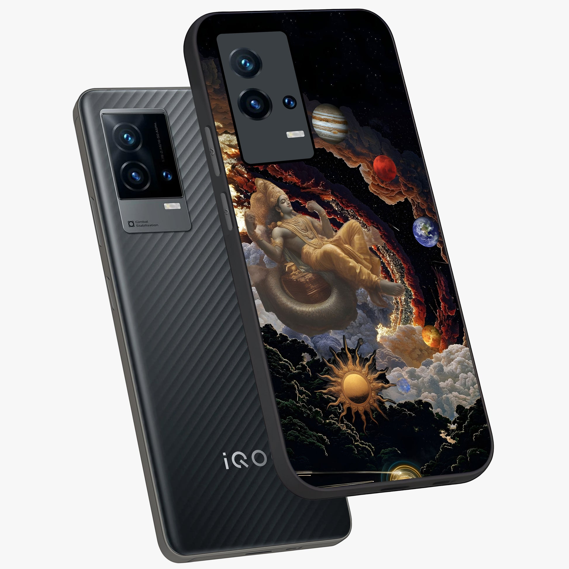 Galactic Divine God Glass Case displayed in angled mockup highlighting powerful celestial deity illustration with galactic aesthetic.