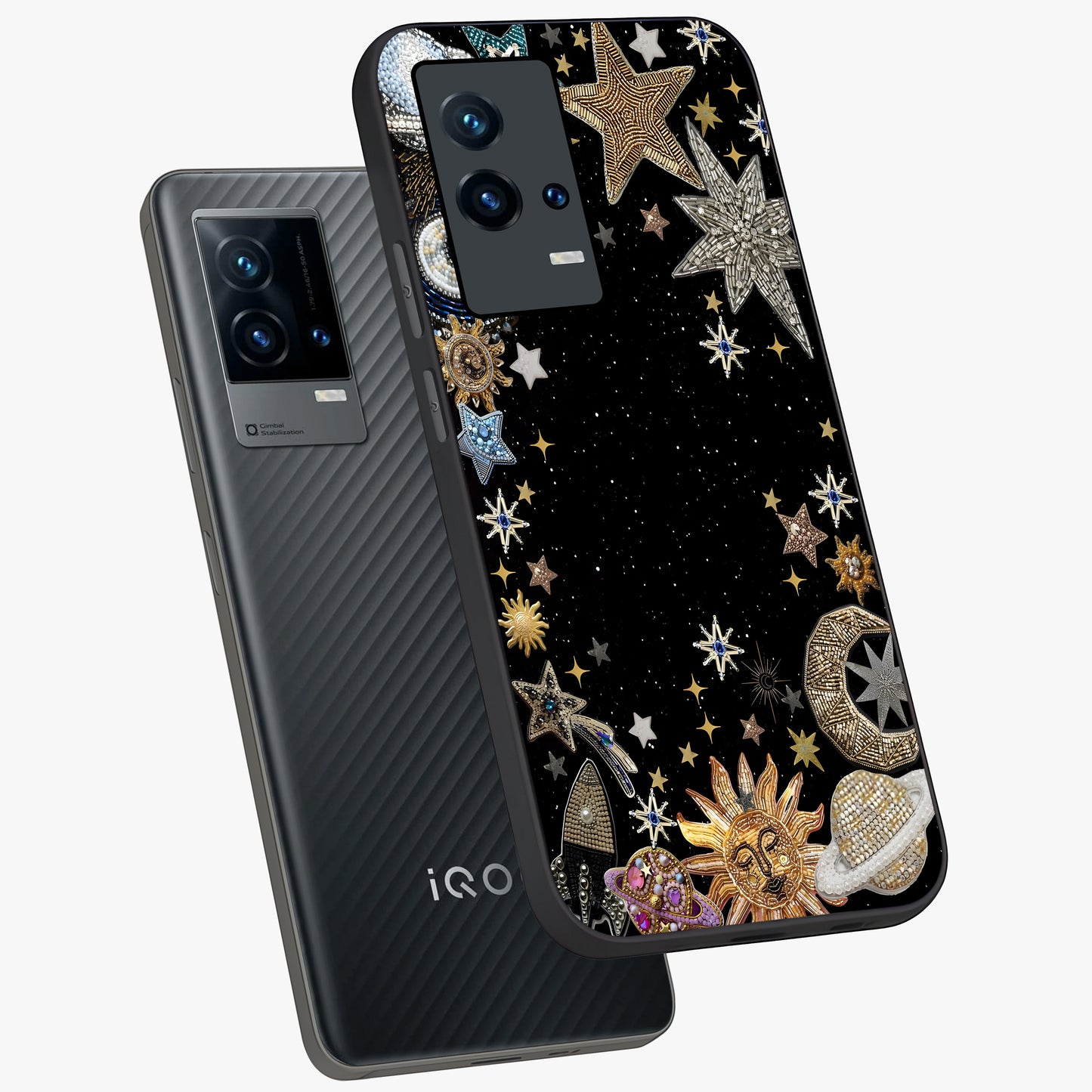 Galactic Jewel Stars Glass Case displayed in angled mockup highlighting shining celestial star design with cosmic aesthetic style.