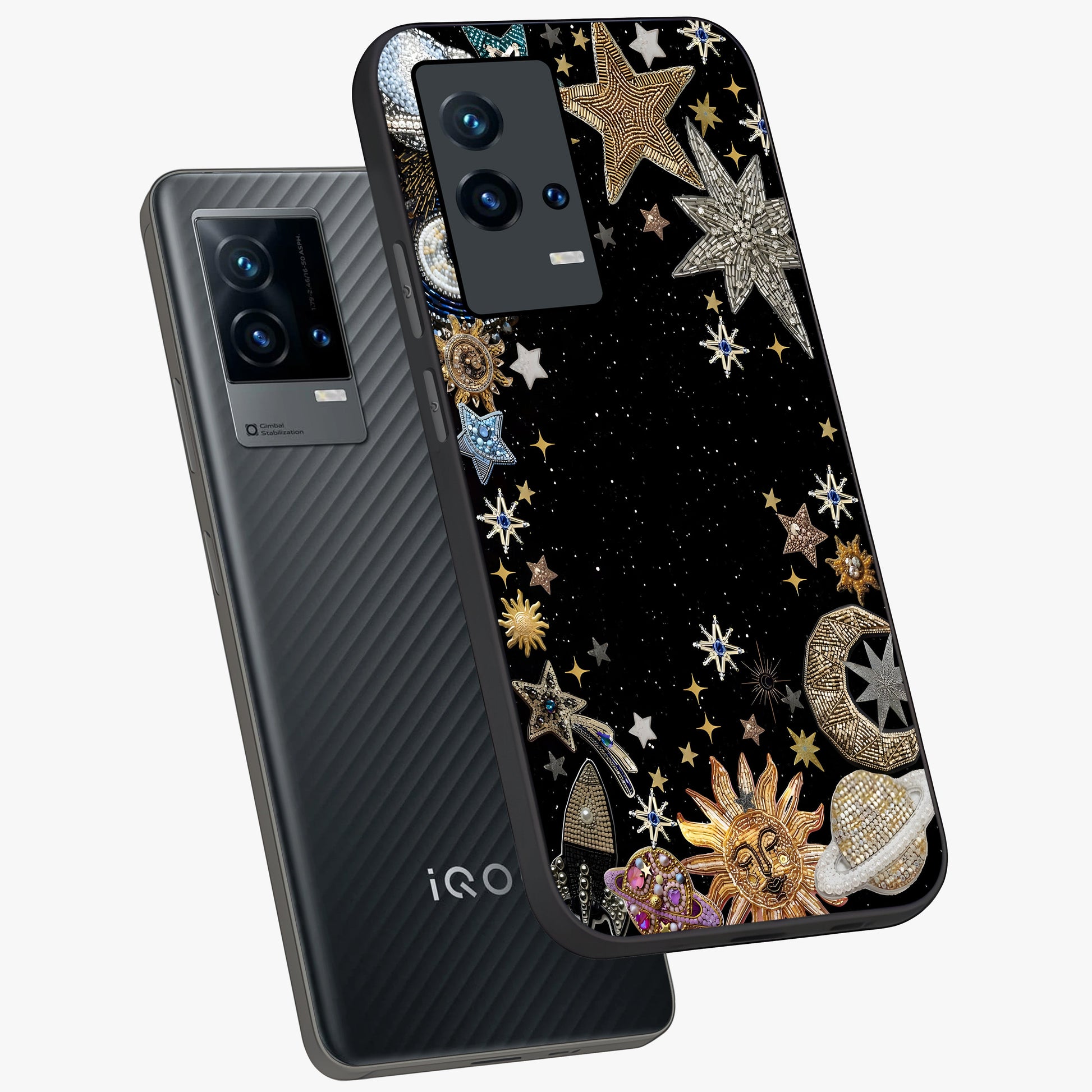 Galactic Jewel Stars Glass Case displayed in angled mockup highlighting shining celestial star design with cosmic aesthetic style.