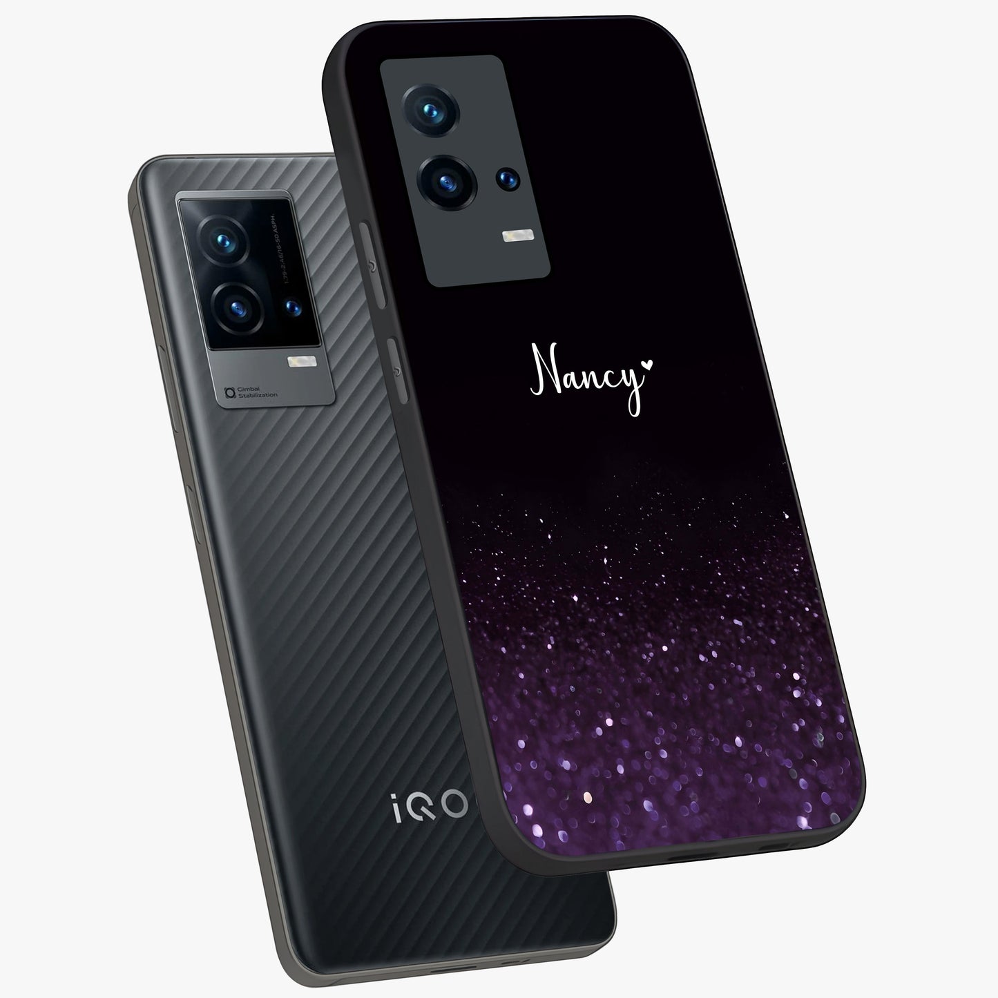 Glittery Purple Bokeh Custom Name Glass Case displayed in angled mockup highlighting glitter bokeh pattern with custom name feature.