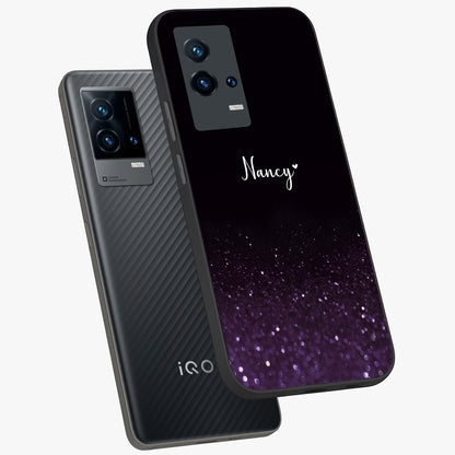 Glittery Purple Bokeh Custom Name Glass Case displayed in angled mockup highlighting glitter bokeh pattern with custom name feature.