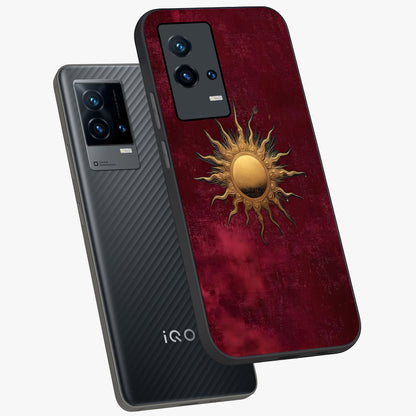 Golden Sun Minimalism Glass Case displayed in angled mockup highlighting clean sun symbol design with modern minimal aesthetic.