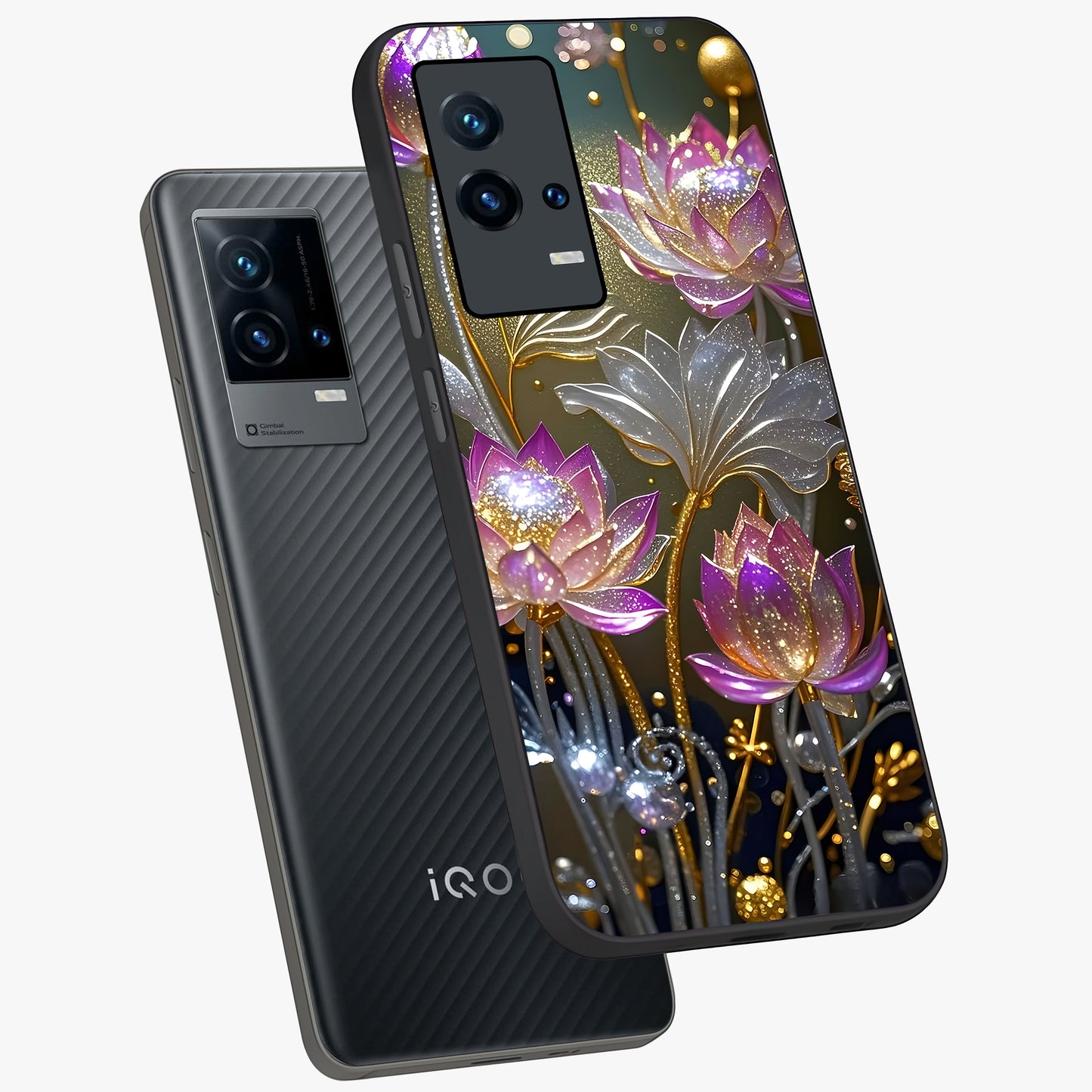 Golden Floral Majesty Glass Case displayed in angled mockup highlighting elegant flower design with royal golden aesthetic.