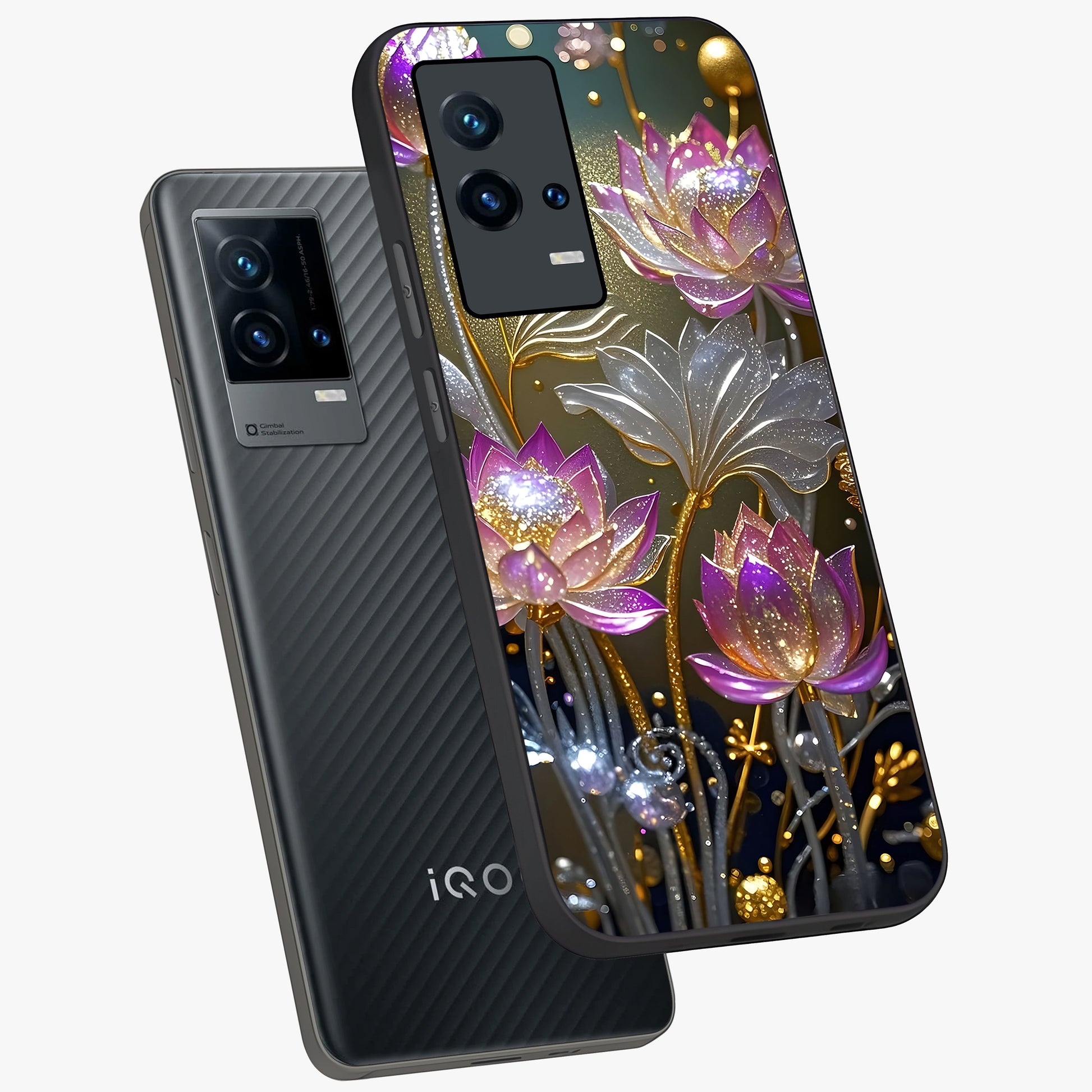 Golden Floral Majesty Glass Case displayed in angled mockup highlighting elegant flower design with royal golden aesthetic.