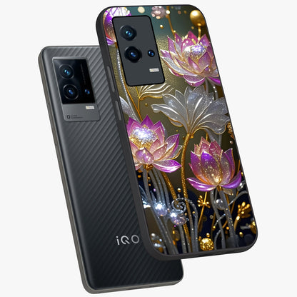 Golden Floral Majesty Glass Case displayed in angled mockup highlighting elegant flower design with royal golden aesthetic.