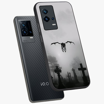 Graveyard Shadow Descent Glass Case displayed in angled mockup highlighting eerie shadow illustration with gothic aesthetic.