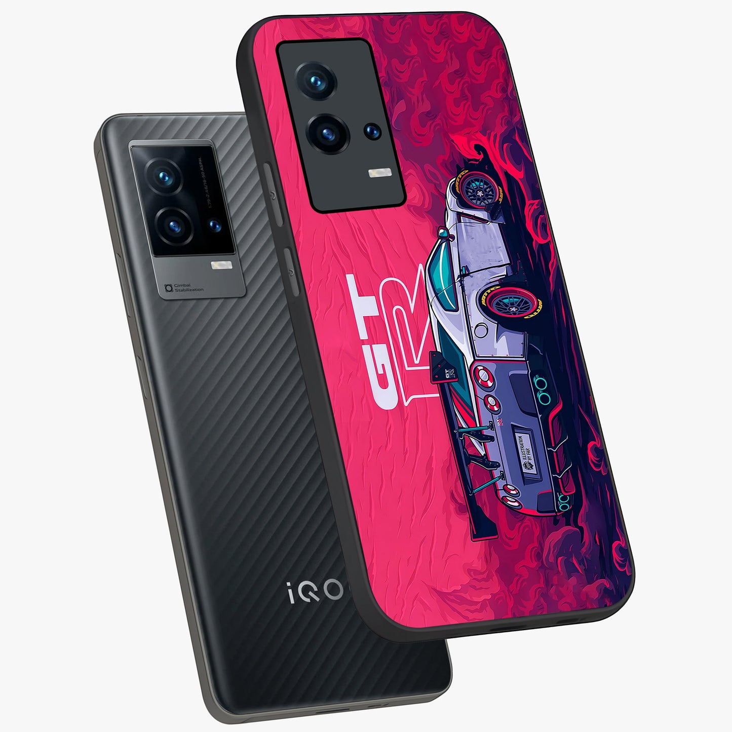 GT-R Car Pattern Glass Case displayed in angled mockup highlighting racing car graphic design with bold automotive aesthetic.