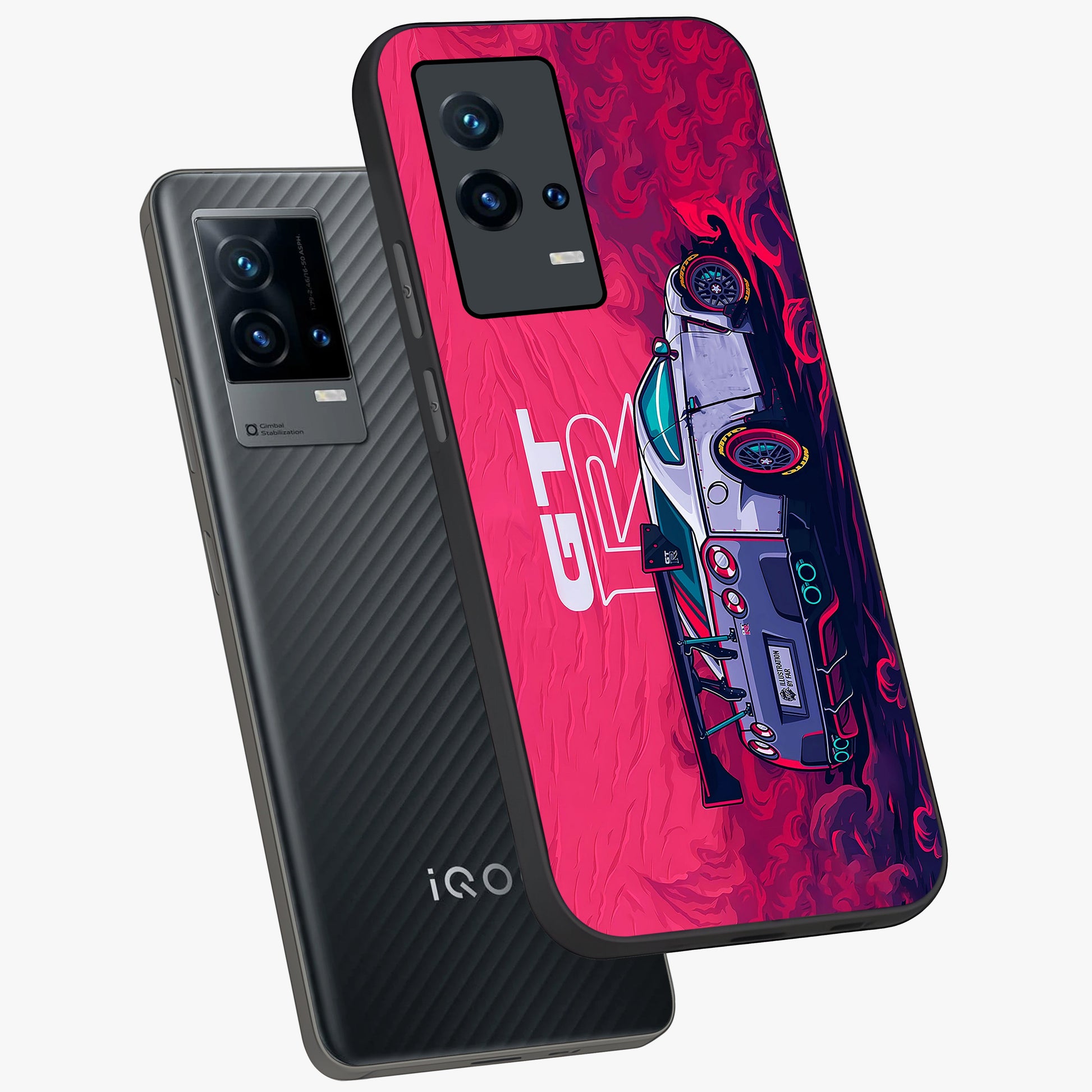 GT-R Car Pattern Glass Case displayed in angled mockup highlighting racing car graphic design with bold automotive aesthetic.
