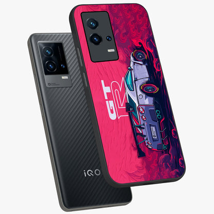 GT-R Car Pattern Glass Case displayed in angled mockup highlighting racing car graphic design with bold automotive aesthetic.