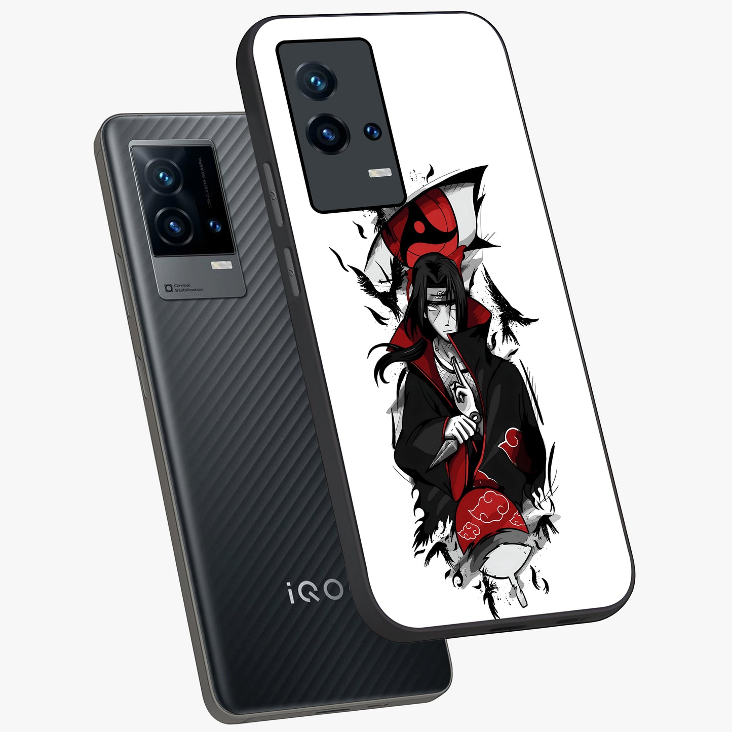 Itachi Limited Edition Naruto Anime Glass Case displayed in angled mockup highlighting dramatic anime illustration with bold action aesthetic.