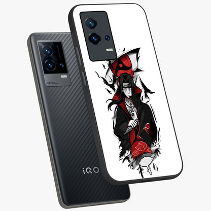 Itachi Limited Edition Naruto Anime Glass Case displayed in angled mockup highlighting dramatic anime illustration with bold action aesthetic.