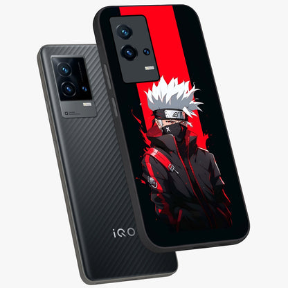 Kakashi Scarlet Shadow Glass Case displayed in angled mockup highlighting dramatic ninja illustration with scarlet themed aesthetic.