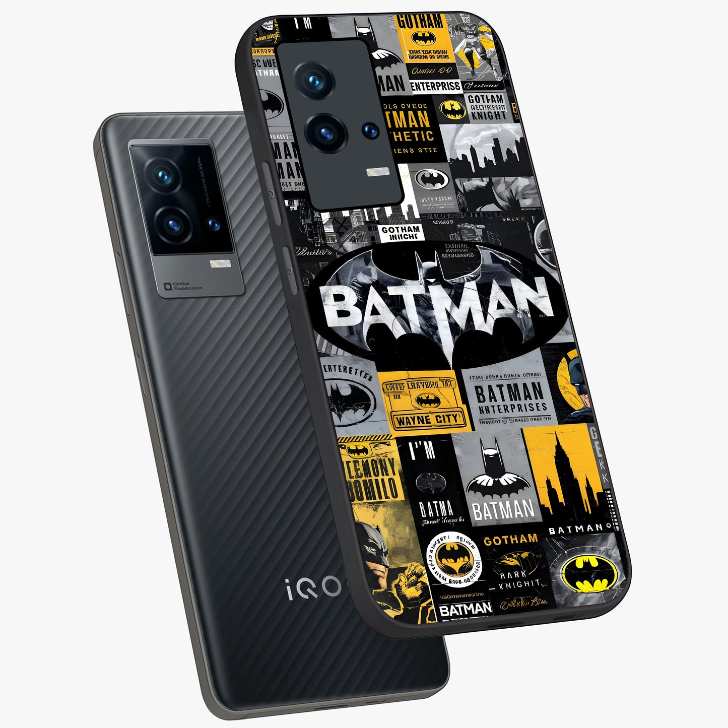 Knight Gotham Rise Glass Case displayed in angled mockup highlighting powerful knight silhouette design with dramatic aesthetic.