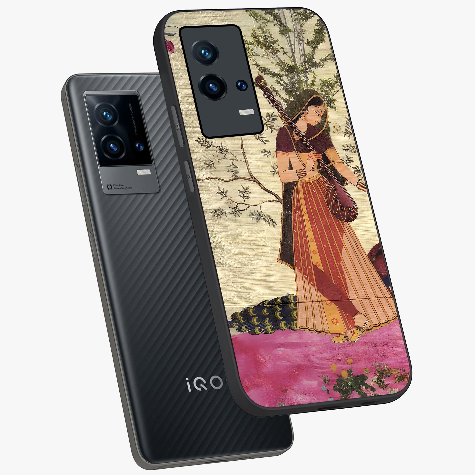 Lady With Veena Art Glass Case displayed in angled mockup highlighting graceful musical illustration with cultural artistic aesthetic.